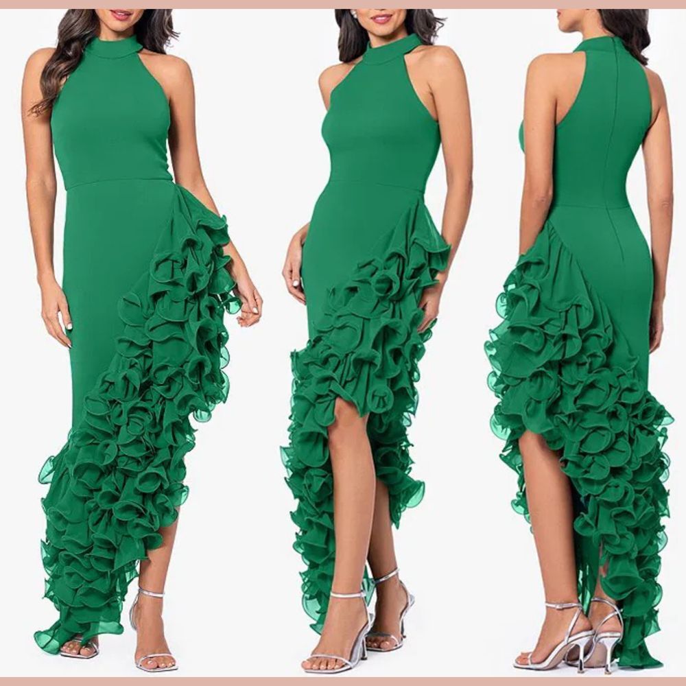 NWD $340 Betsy & Adam‎ [ 2 ] Ruffle Detail Asymmetric Body-Con Ponte Gown Green